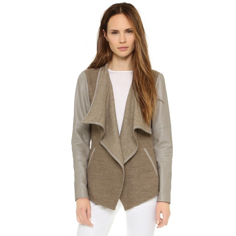 Vince - Mixed Media Drape Neck Leather Jacket - Tan